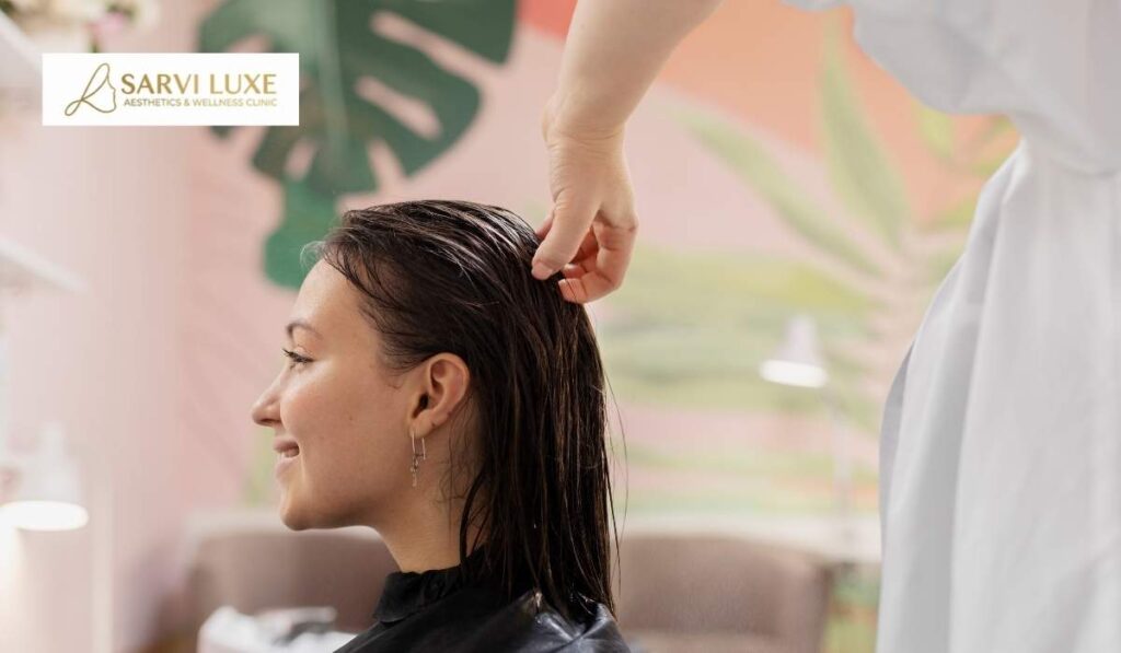 PRP hair fall treatment procedure being performed at Sarvi Luxe in Ashok Vihar, showing growth factor therapy for hair loss